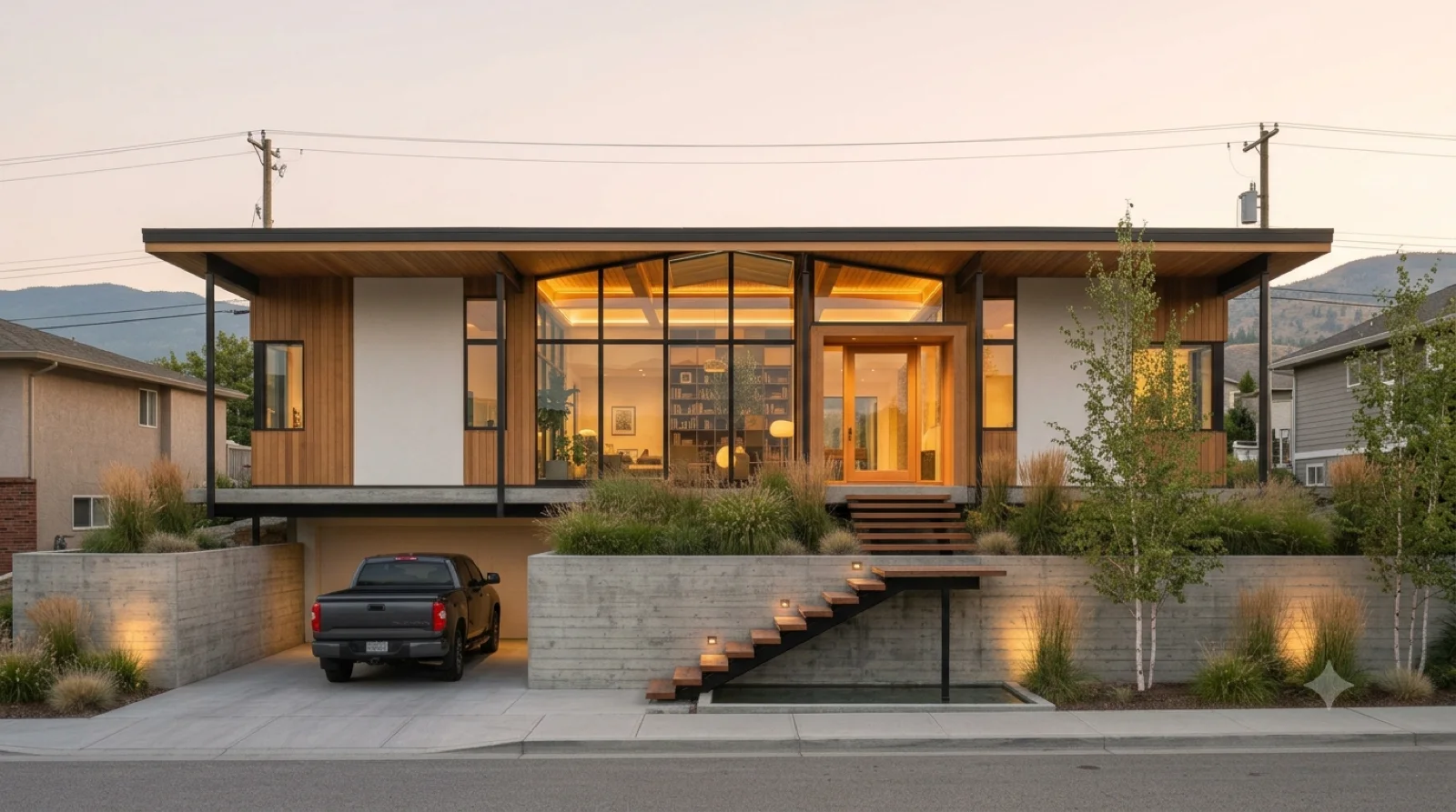 Case Study #21, Elevated — Koenig's Case Study House #21 rebuilt modest and attainable, raised above the street on a low concrete wall — a flat-roofed steel-and-glass pavilion, a floating stair up and a carport tucked below