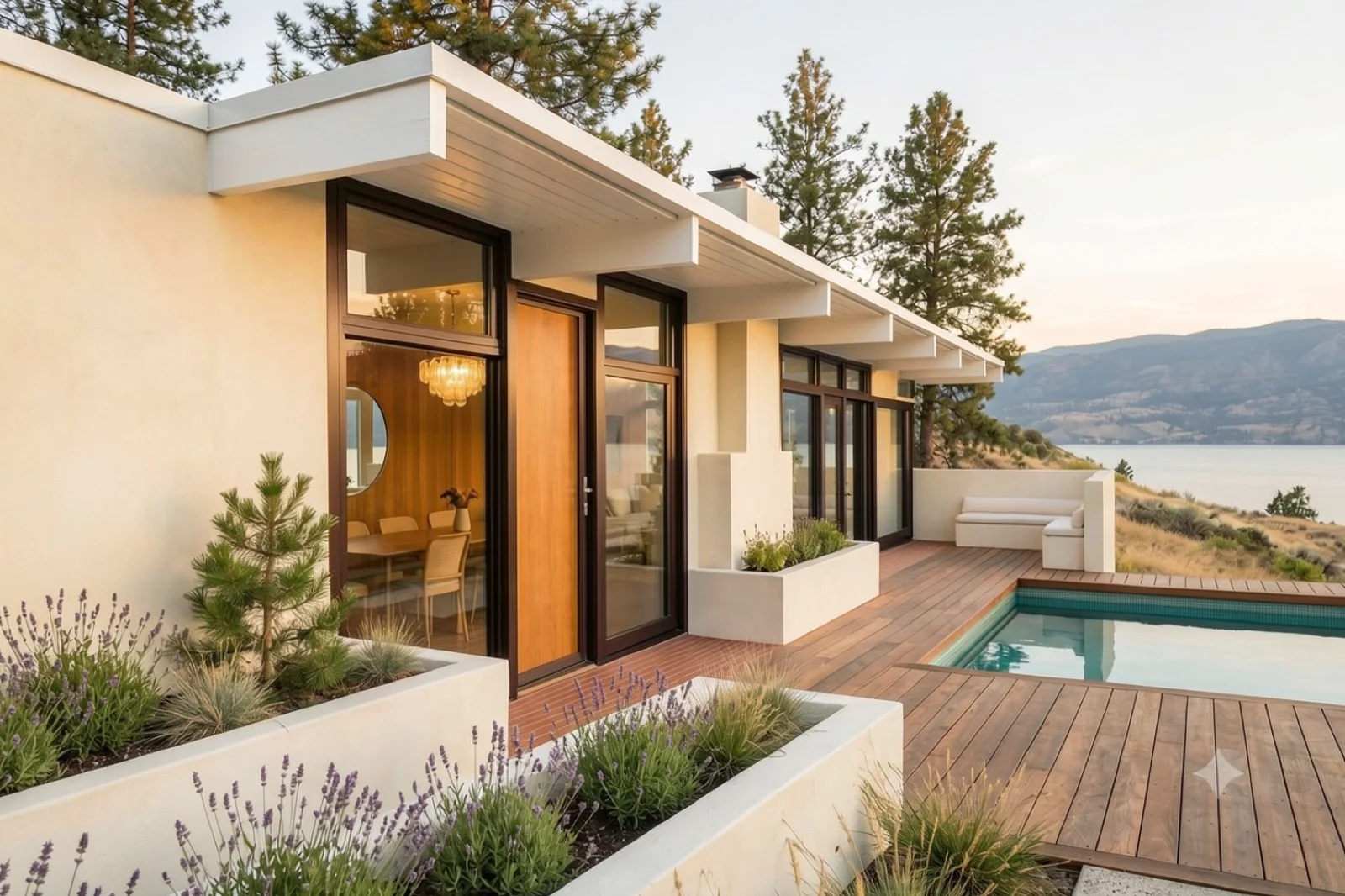 The pool wing, White planes and deep glass over the lap pool, lavender and cedar decking, the lake a band beyond.