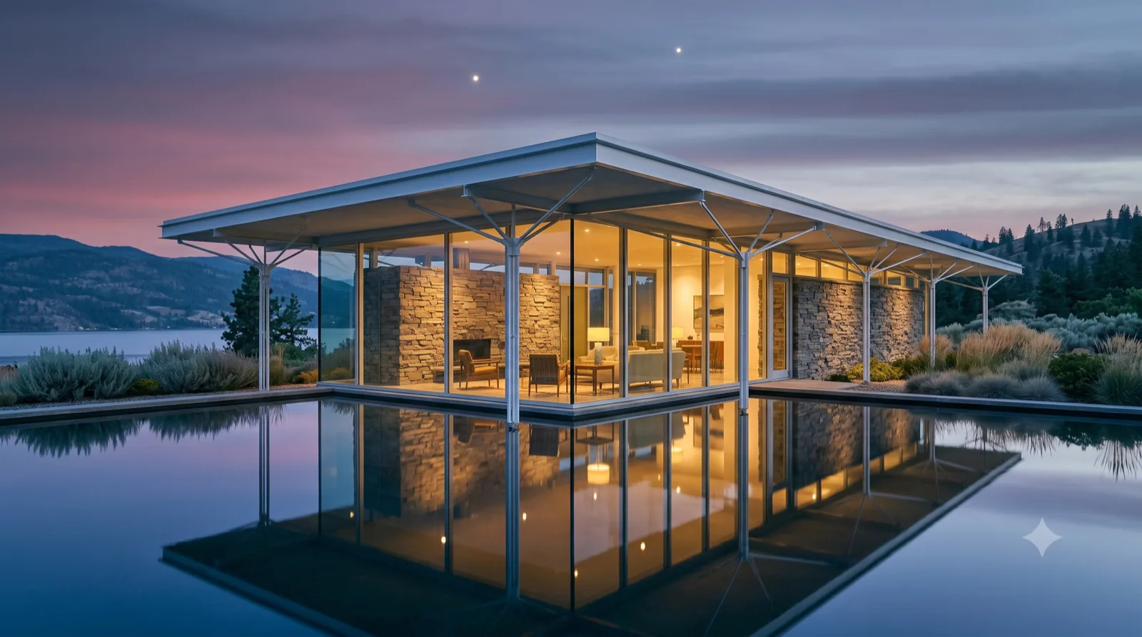 The Kelowna Neutra — spider-leg outriggers over the reflecting pool, rose-to-slate dusk