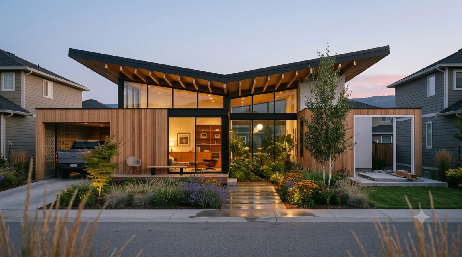 The Wexler — a Wexler/Krisel-lineage desert-modern home under a bold folded butterfly roof, clerestory glass under the upswept wings and a decorative breeze-block screen, warm cedar and white stucco, a floating carport and a framed opening + slab pad marked the modular expansion wing — butterfly-roof precision built warm, not a cold glass box