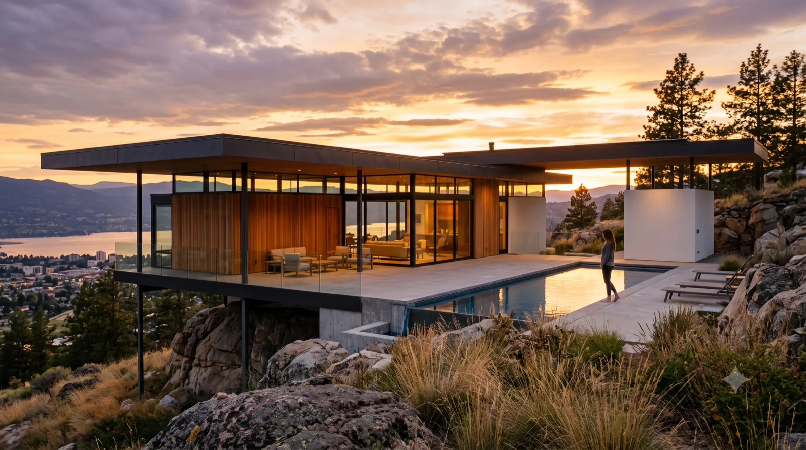 The bluff pavilion, The glass box cantilevered off the rock, warm rooms lit, bunchgrass and pine holding the foreground at last light.