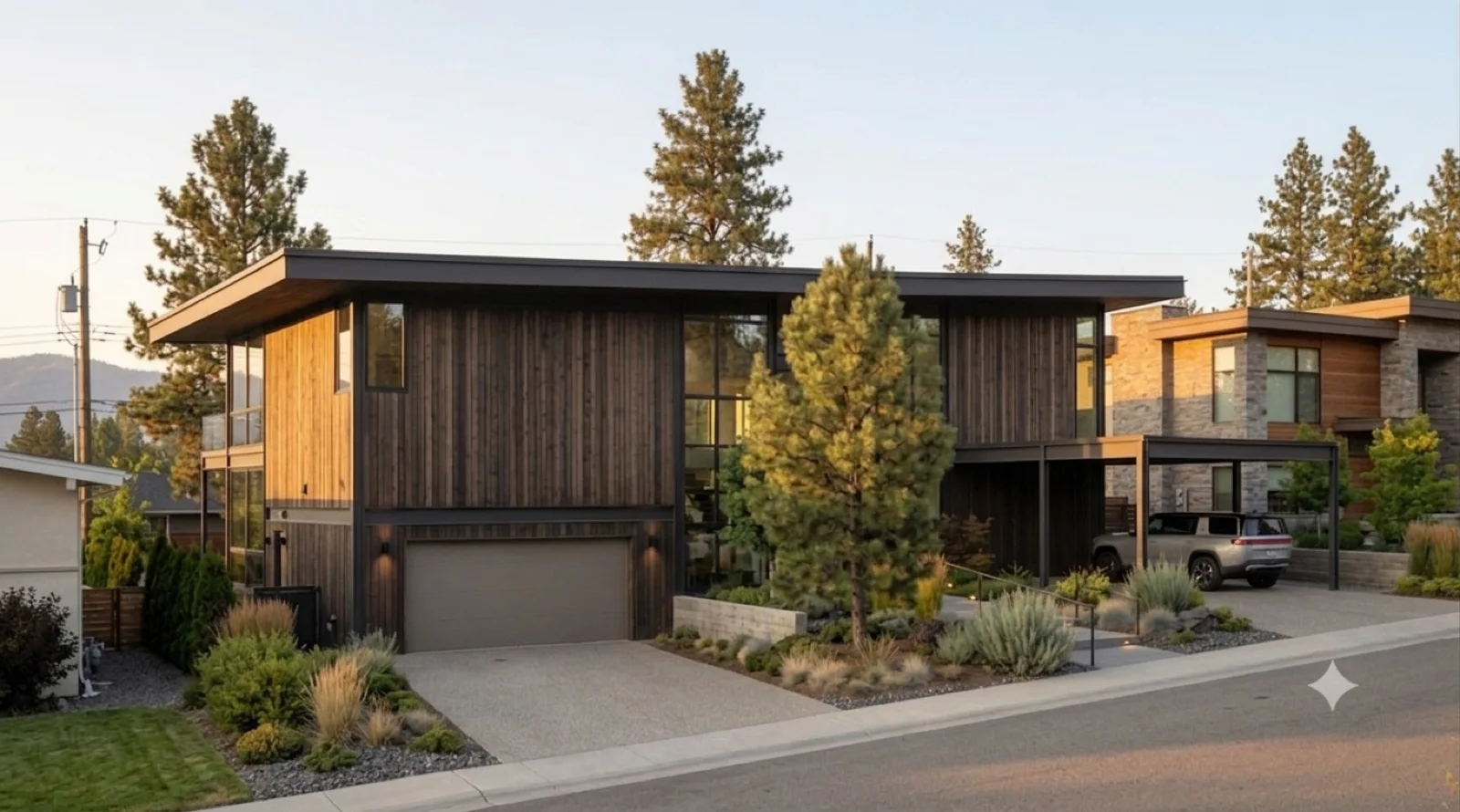 Two storeys on a narrow lot, A stacked wood-and-black infill filling its 40 feet, tuck-under garage, xeriscape to the sidewalk.