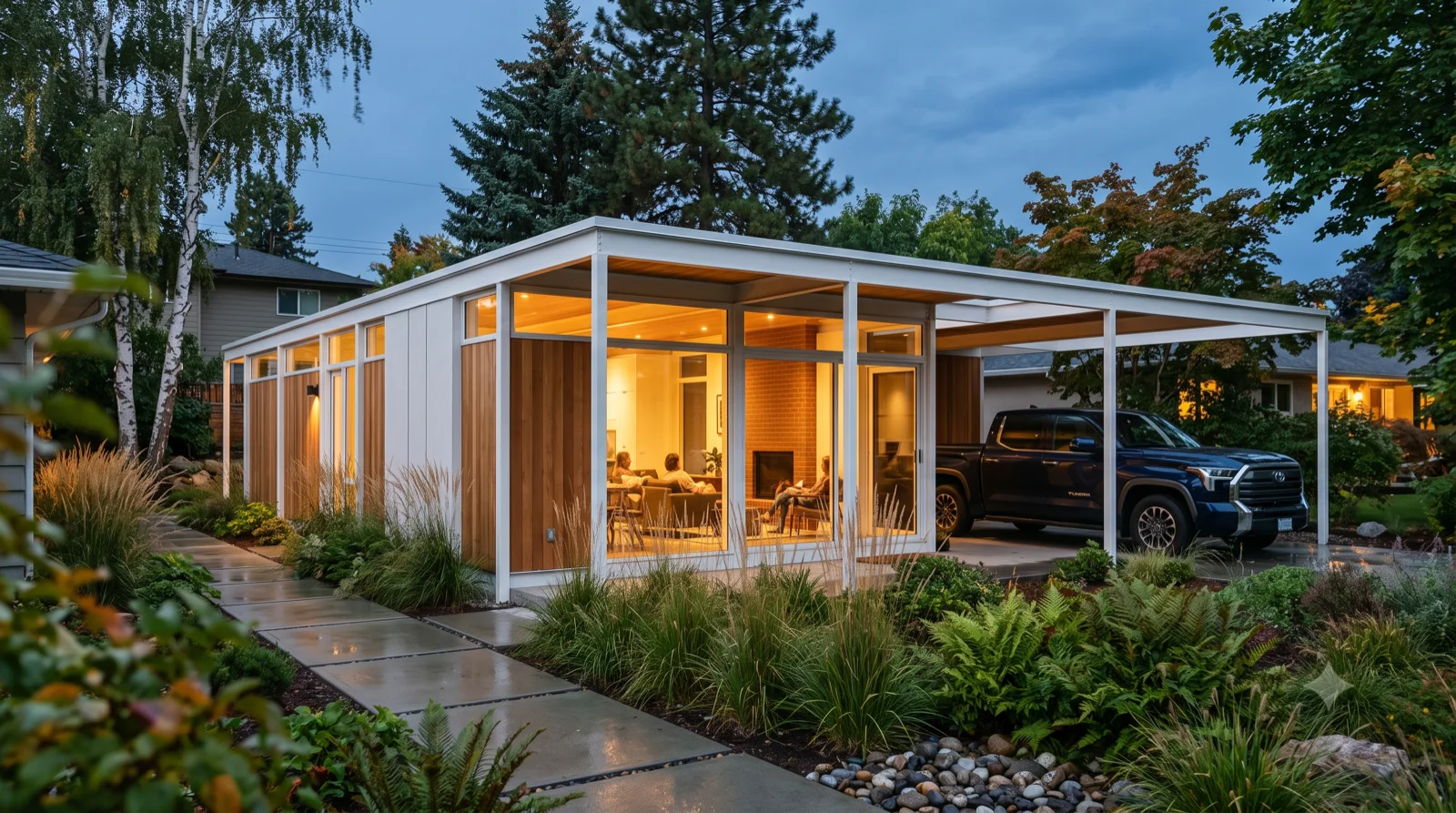 The Beadle — Alfred Beadle's Phoenix steel houses warmed for the Okanagan, a slender white post-and-beam grid infilled with cedar, the frame running past the house to roof the carport