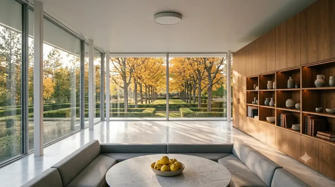 Miller House — Living room — walnut storage wall, honey-locust allee turning gold