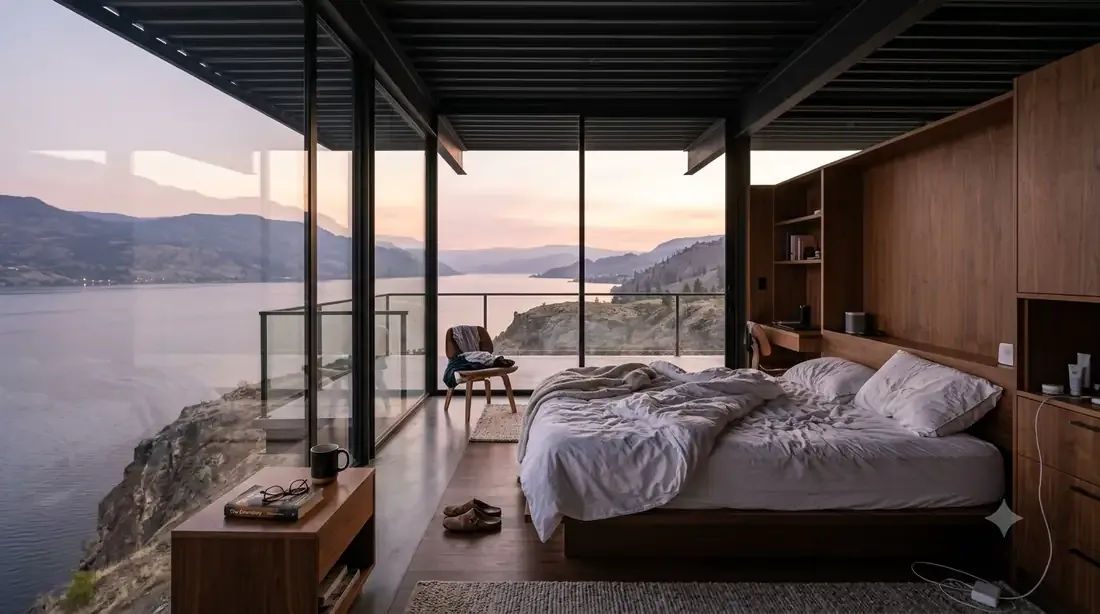 Stahl House — Primary bedroom — cantilevered corner over the lake