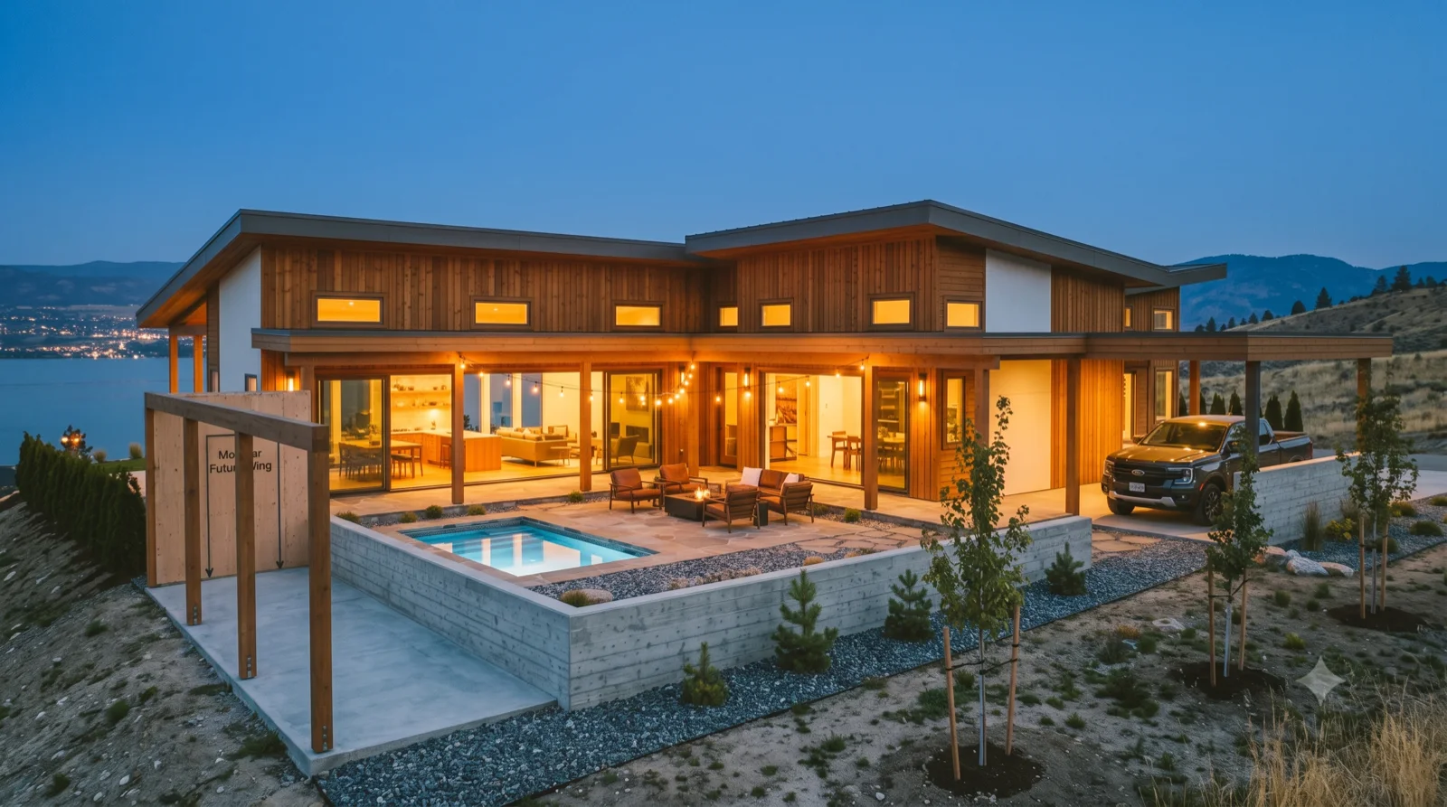 The Koenig — a Koenig-lineage timber pavilion cantilevered over the valley lights, warm cedar and glowing glass, a plunge pool and a framed pad for the next module — not a cold glass box
