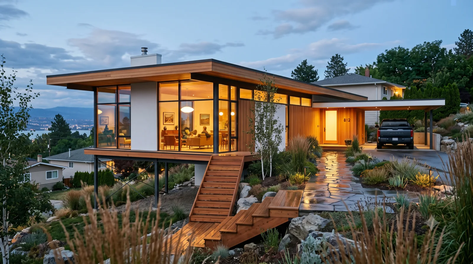 The Grossman — Greta Magnusson Grossman's hillside houses rebuilt warm above the lake, a flat-roofed cedar box flying out over the fall on slim steel legs, carport at the uphill end
