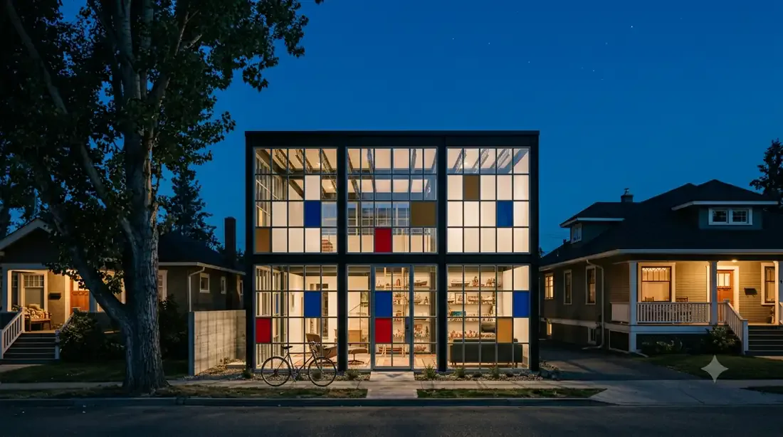Eames House, Narrow-Lot — blue hour — the grid glowing like a Mondrian between character homes