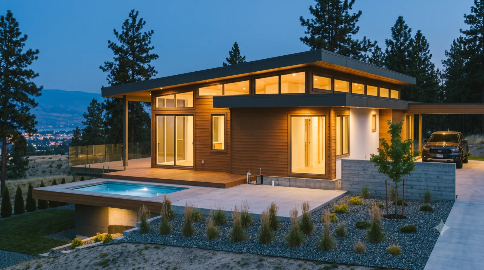 The Clifton — the whole home glowing warm over the valley lights, lit pool on the deck, built small and honest to grow later