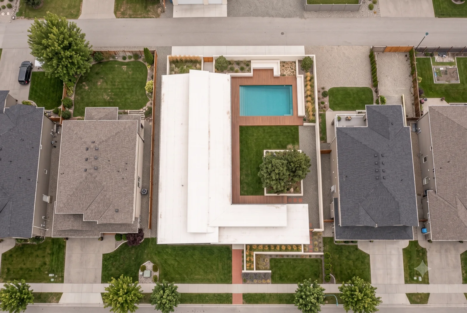 The L-plan from straight up, Bedroom wing, living bar and pool court reading as one figure from directly overhead, neighbours close on either side.