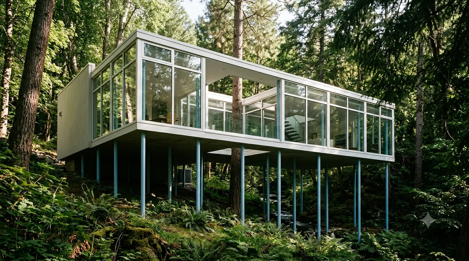 Casa de Vidro — Lina Bo Bardi, 1951: a glass box on thin blue pilotis with the forest running underneath.