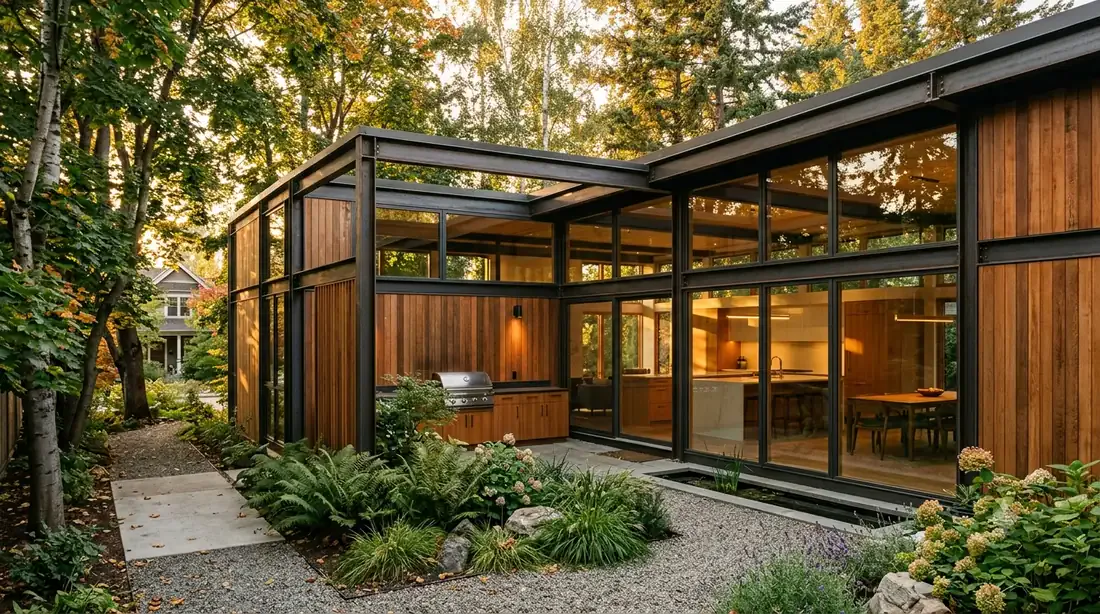 The Kelowna Ellwood — side/rear private garden courtyard off the kitchen, mature heritage trees