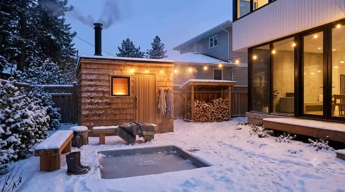 Neutra VDL, Narrow-Lot — backyard sauna + cold plunge in winter, snow and chimney smoke