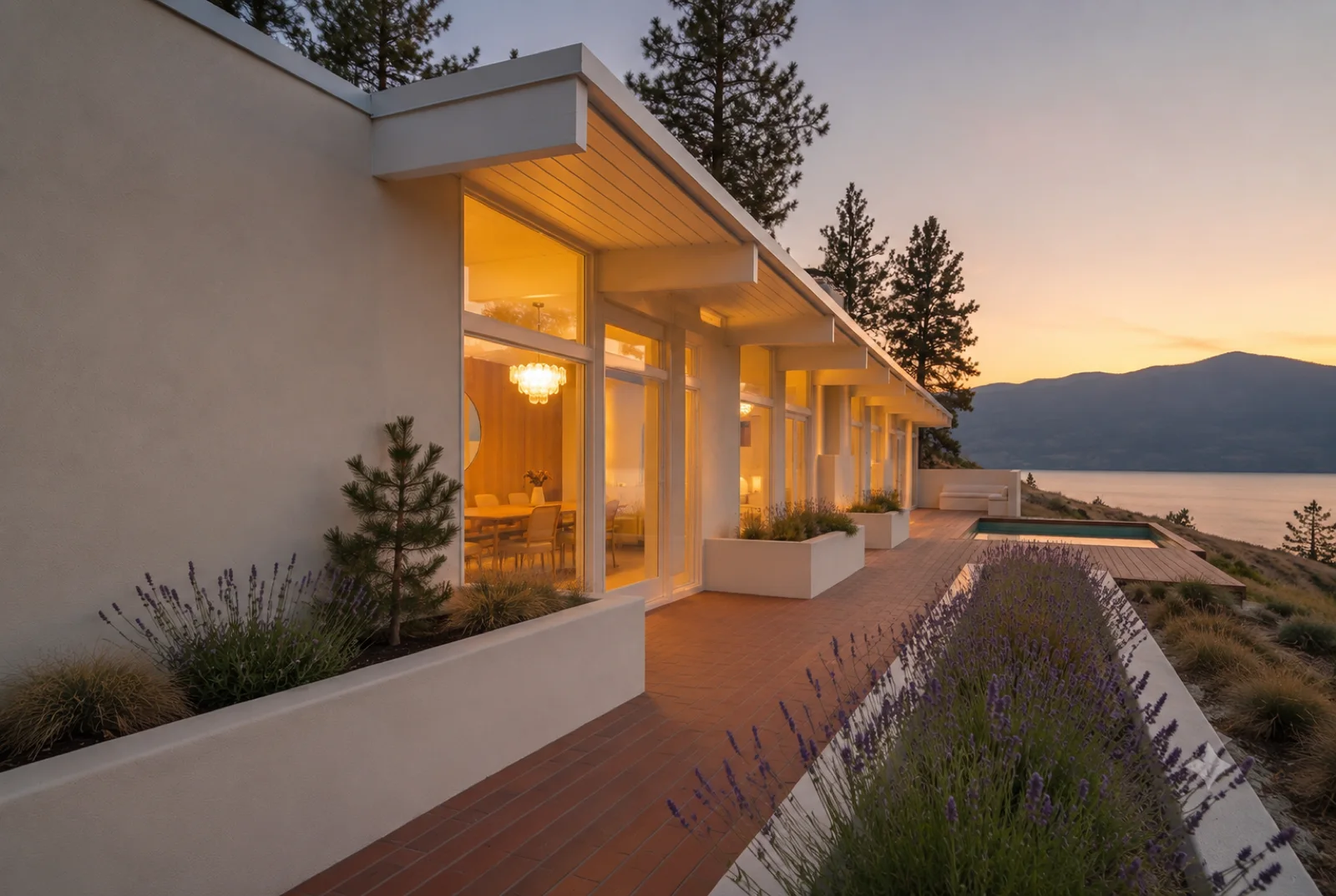 The long side, The clerestory wing running out to the view, deck and lavender below, first lamps on inside.