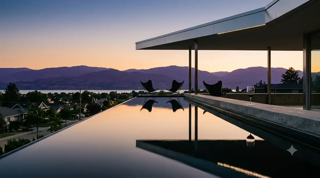 Neutra VDL, Narrow-Lot — rooftop reflecting pool at dusk — butterfly chairs, lake band beyond