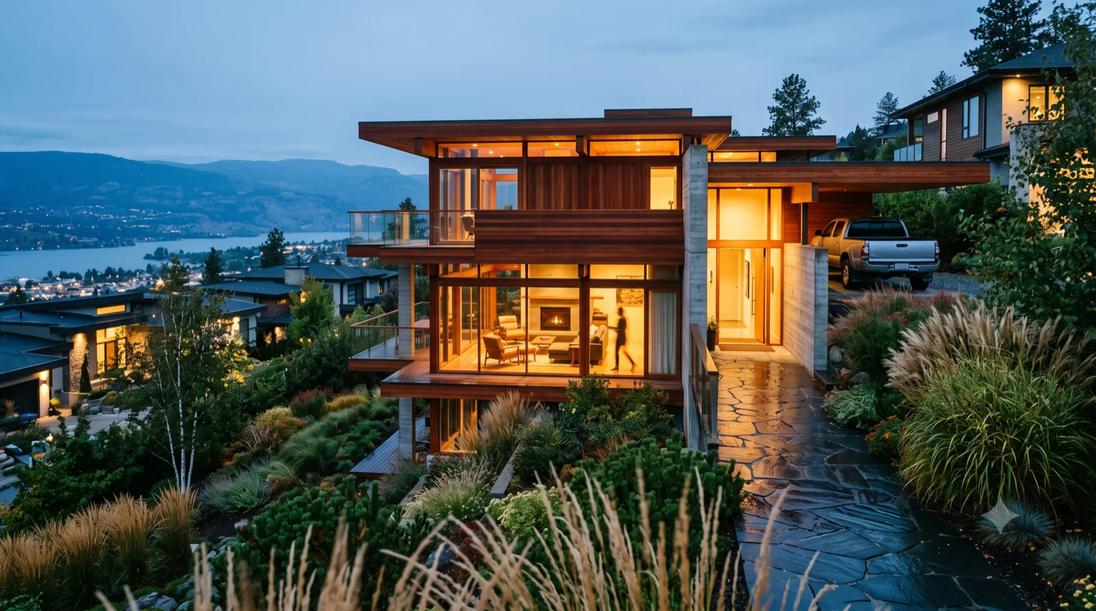 The Kappe — Ray Kappe's lesser-known Kappe Residence reimagined in the Okanagan — split-level stacked redwood platforms and cantilevered glass decks bridging the slope on slender concrete towers, deep timber beams and a glowing hearth over the lake, built warm