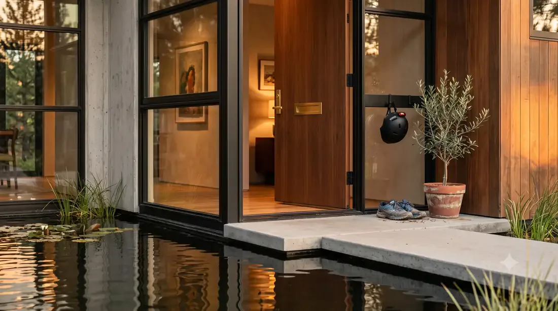 Case Study House #16, Entry Detail — golden-hour entry sequence — reflecting pool, muddy shoes, helmet on the hook