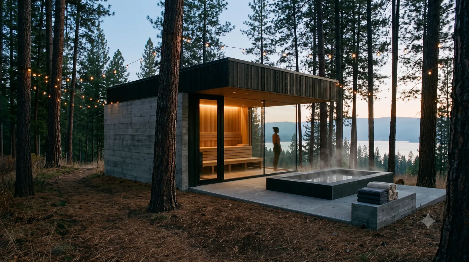 The Forest Bathhouse — cedar sauna glowing, black-slate cold-plunge steaming, fairy lights, lake beyond at dusk