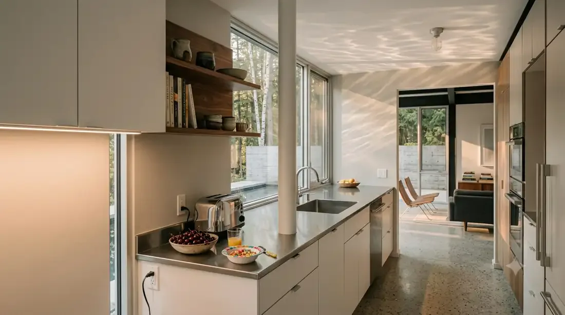 Case Study House #16 — Galley kitchen — pool light rippling on the ceiling, Okanagan cherries