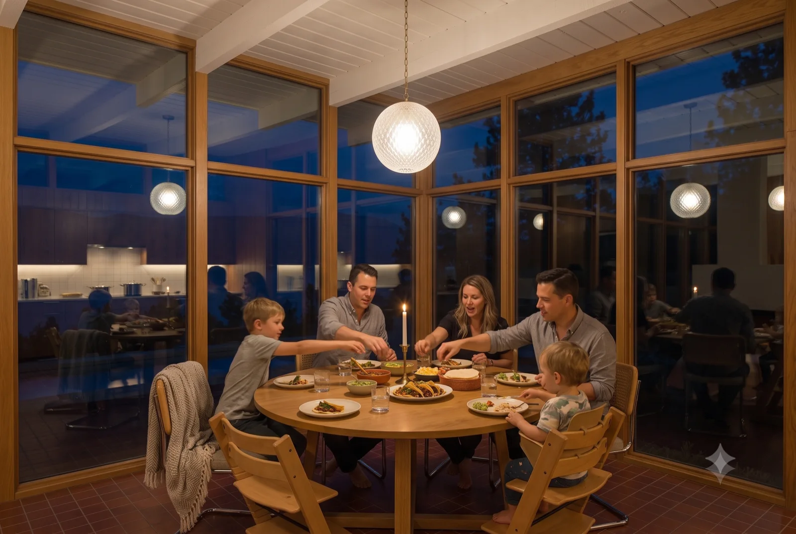 Dinner at the round table, Four at the walnut table under a single globe, the whole far wall glass to the dark lake.