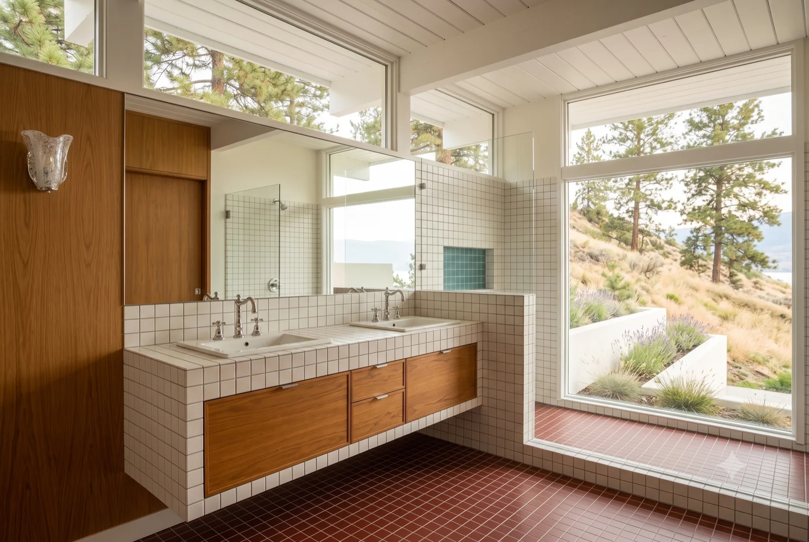 The main bath, A double walnut vanity and tiled counter, a big window to the pines, warm floor underfoot.