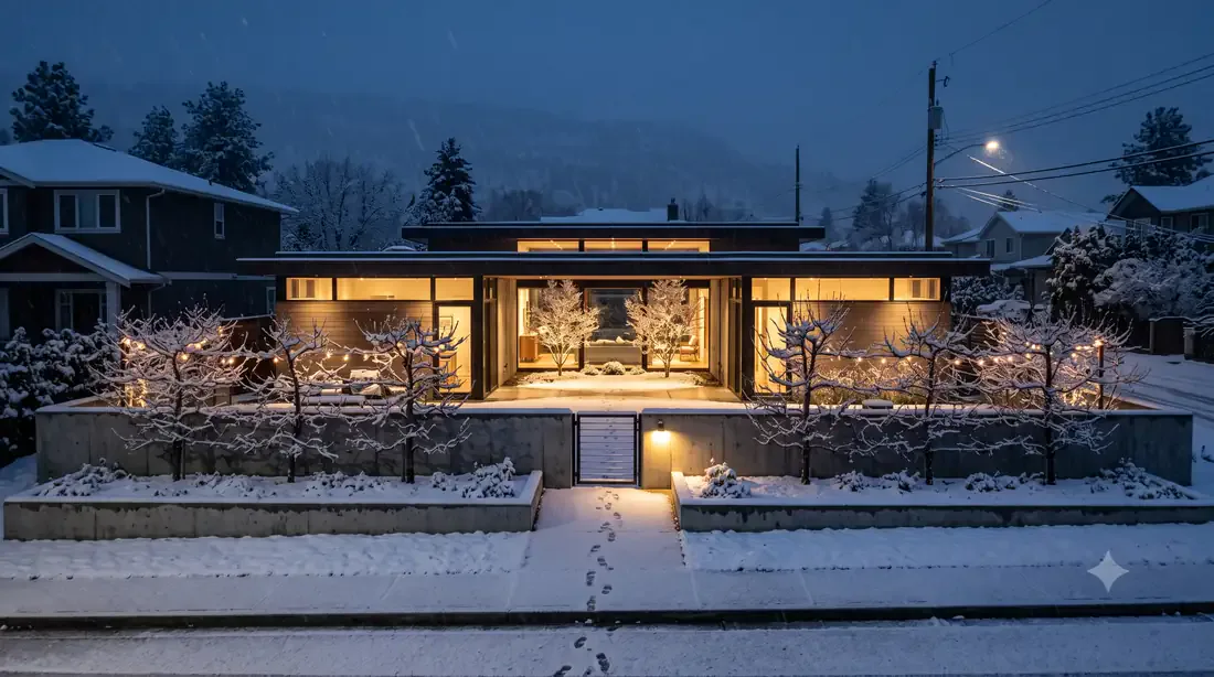 Ellwood Courtyard House — winter night — snowfall, courtyard glowing, footprints to the gate
