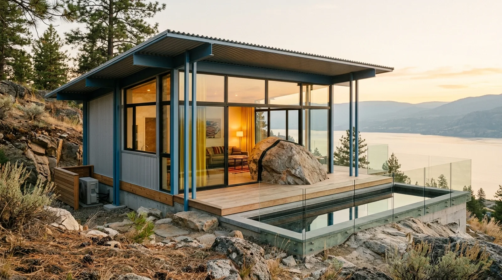 Frey House II — Frey's one room house built around a boulder, 1964, on a Wilden outcrop above the lake.