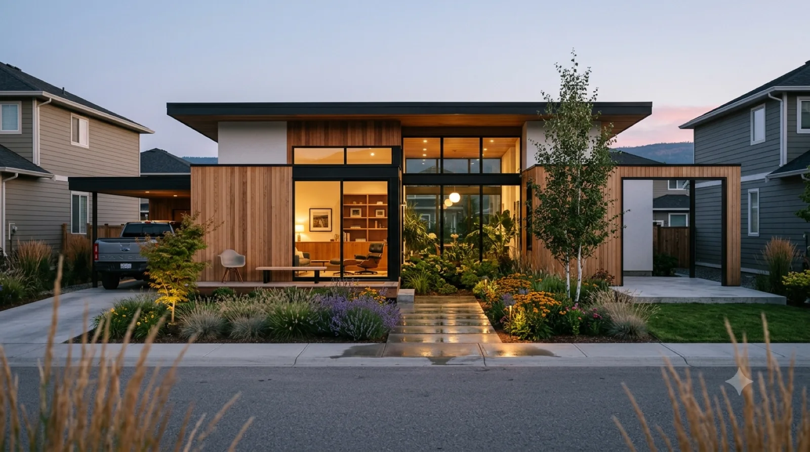 The Soriano — a Soriano-lineage light steel-tube pavilion under deep flat roof overhangs, fully glazed garden rooms with native planting spilling in, the frame infilled with warm cedar and white stucco, a floating carport and a slab pad flagged for modular expansion — a transparent garden house built warm, not a cold glass box