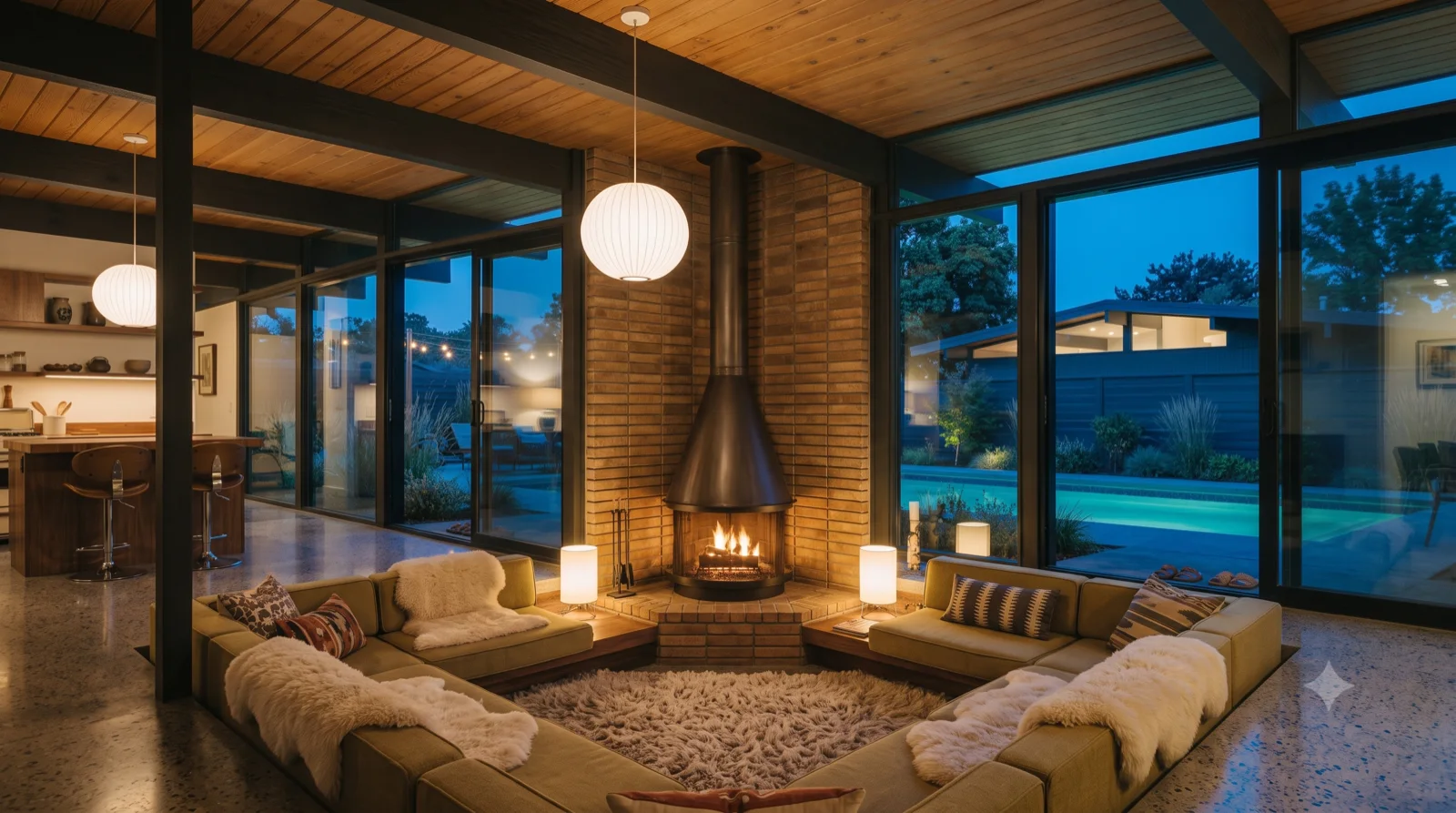 Fireplace core — A freestanding brick hearth with a steel hood, a sunken sectional and sheepskin, fire against the blue.