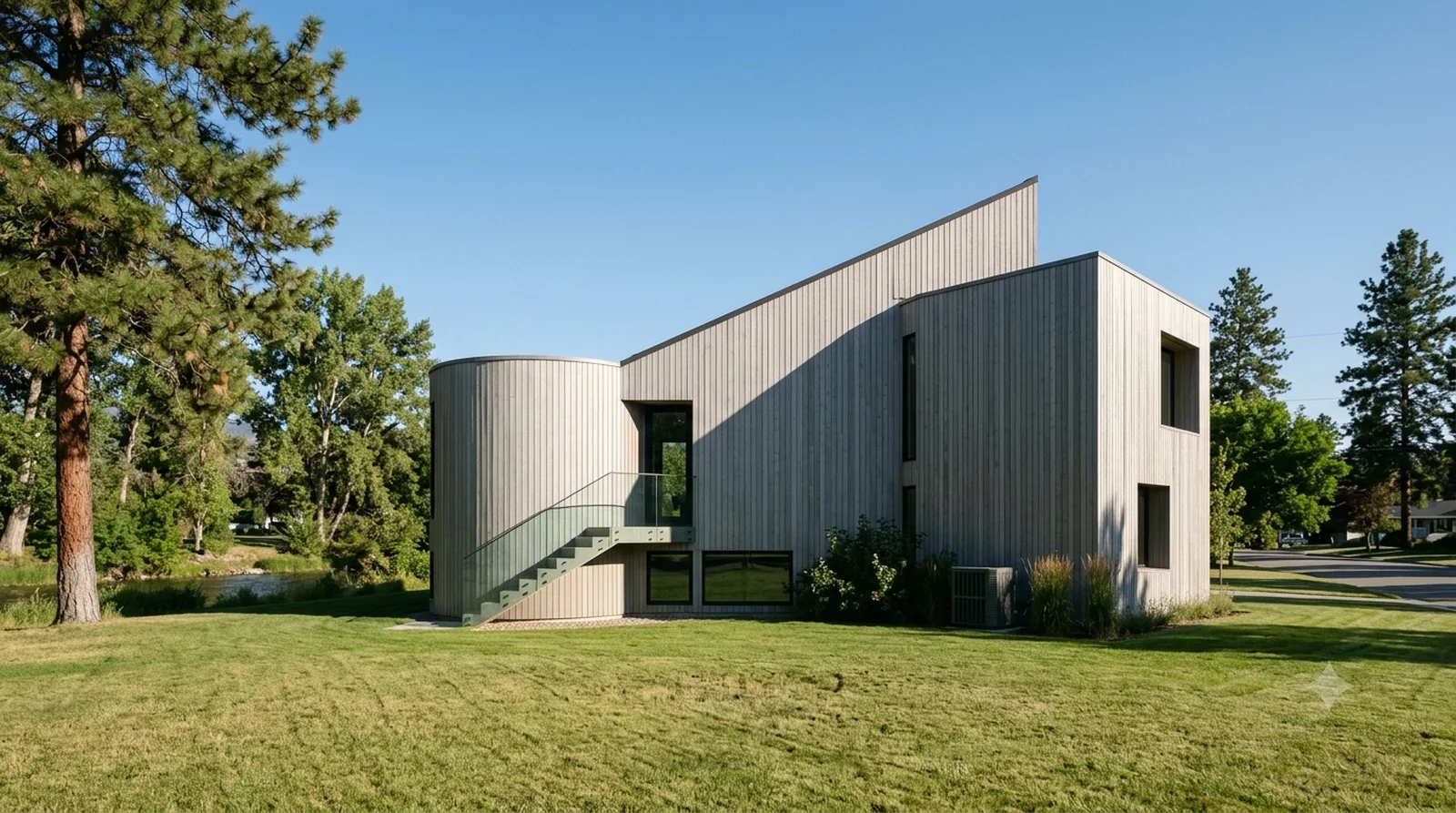 Gwathmey Residence — Gwathmey, 1965: pure cedar solids cut into each other, on a Lower Mission creekside lot.