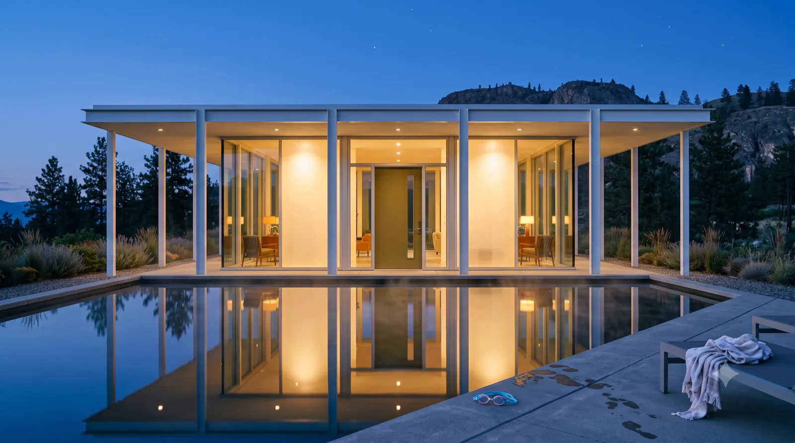 The Kelowna Case Study — rear pool terrace at blue hour — steel frame doubled in the water