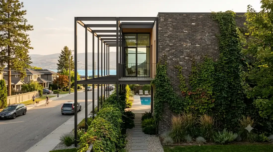 Ellwood Courtyard House — side elevation — steel grid meeting the vine-covered privacy wall