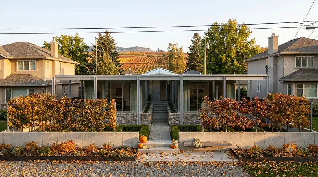 Ellwood Courtyard House — mid-autumn — pumpkins on the steps, vineyard hillside turning amber
