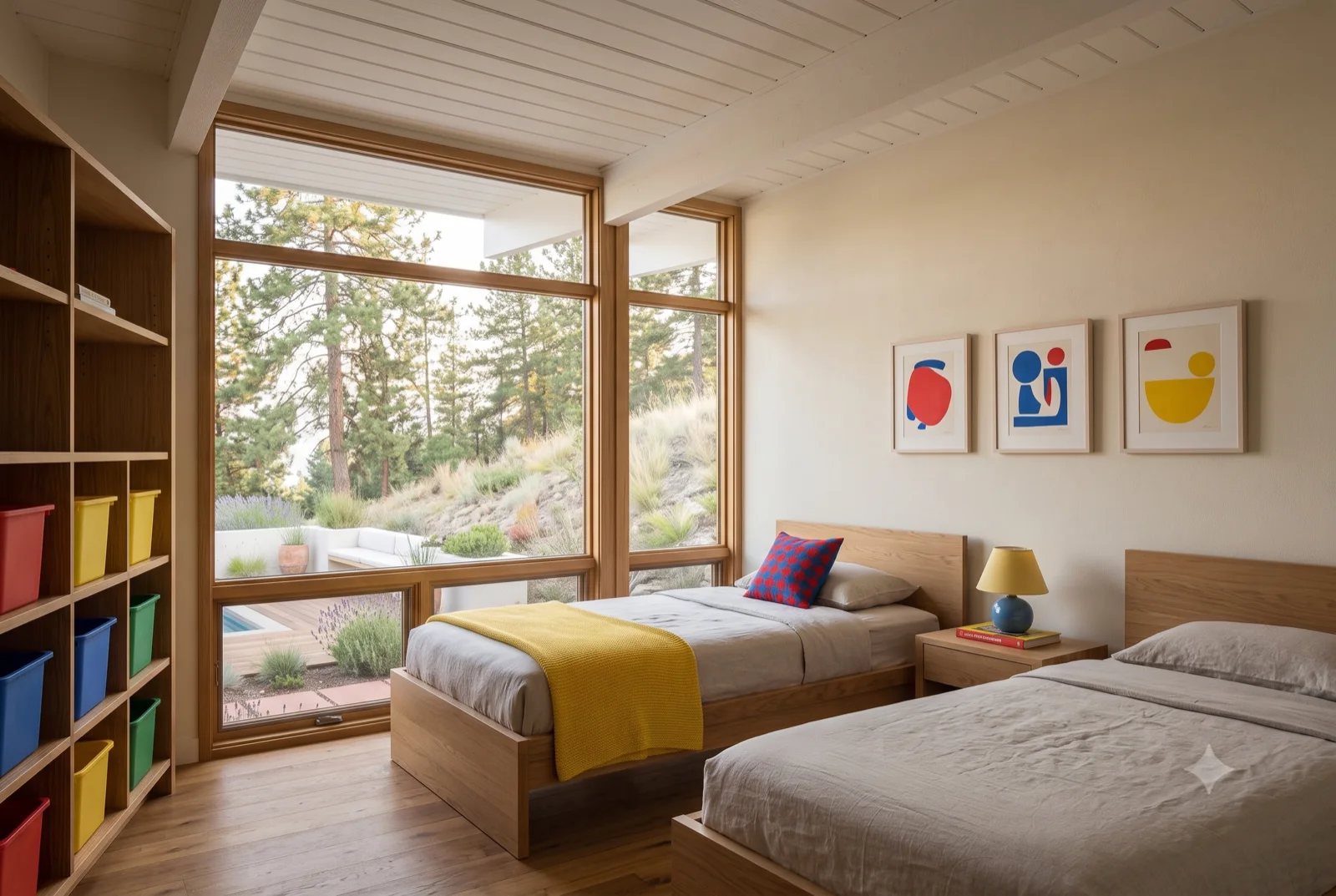 The kids' room, Twin beds under bright art, a cubby wall of colour, the yard and grasses right outside the glass.