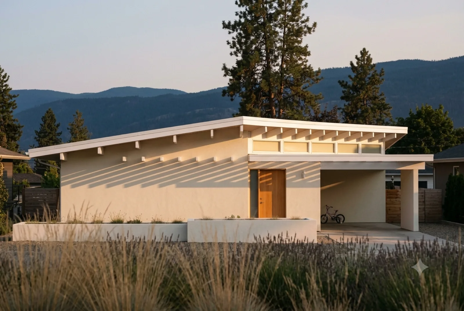 Off the grassland, A long low elevation behind native grass, deep eaves and a run of glass, the drive curling in from the right.