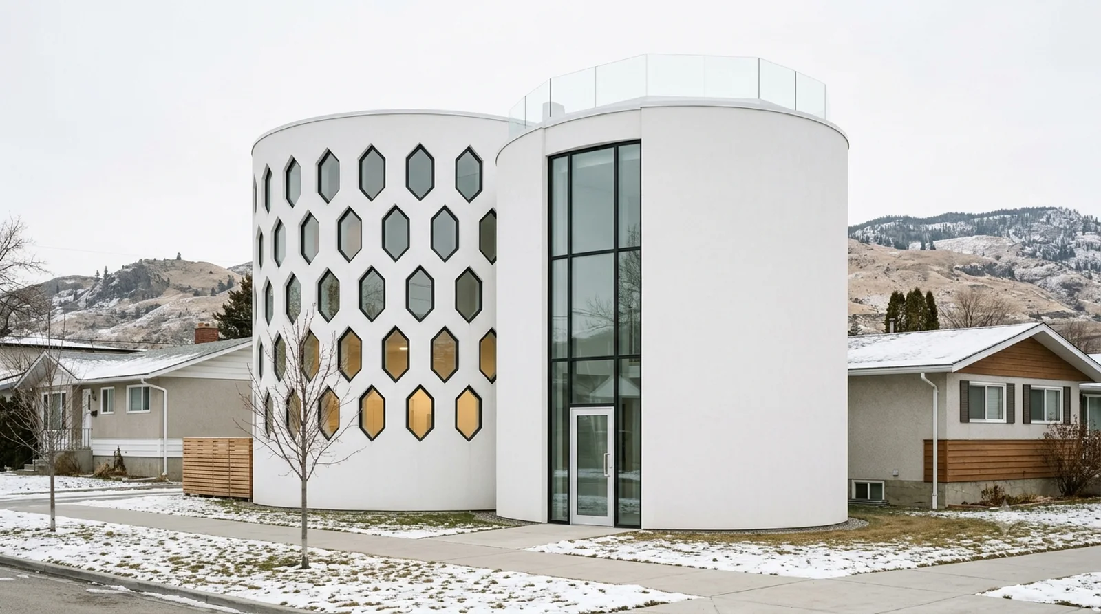 Melnikov House — Melnikov, 1929: two white cylinders and a honeycomb of hexagonal windows, downtown in winter.