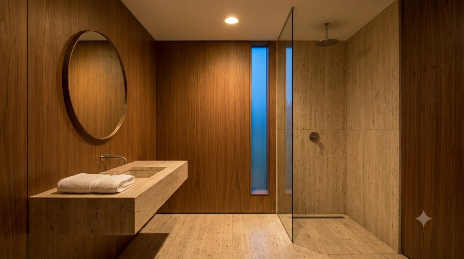 Bathroom — Inside the wood-and-travertine core: a round mirror, a travertine vanity, a glass shower, a blue slot window.