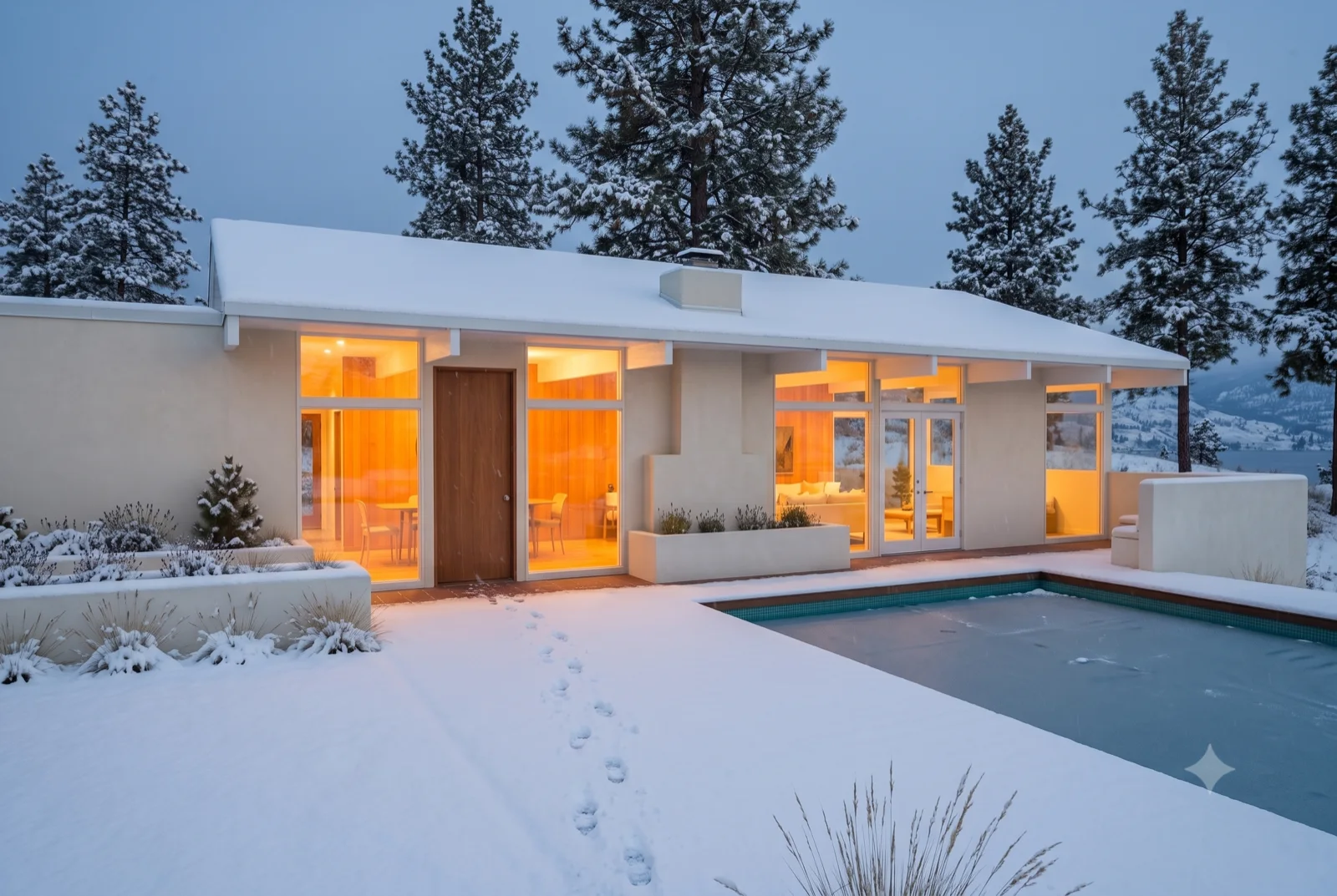 Winter dusk, Snow on the deck and pool surround, the rooms glowing amber, tracks across white to the glass.