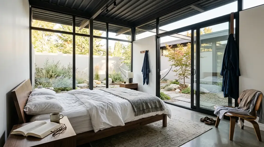 Case Study House #21 — Primary bedroom opening to its own private courtyard