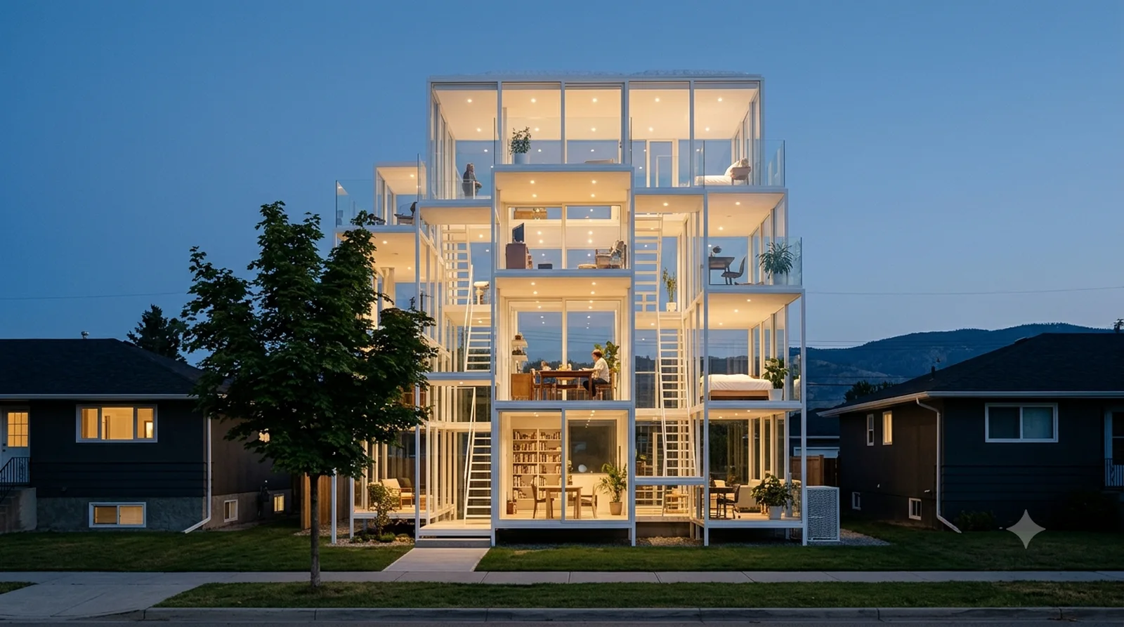 House NA — Fujimoto, 2011: twenty one platforms at twenty one levels, all glass, on a 40 foot lot.
