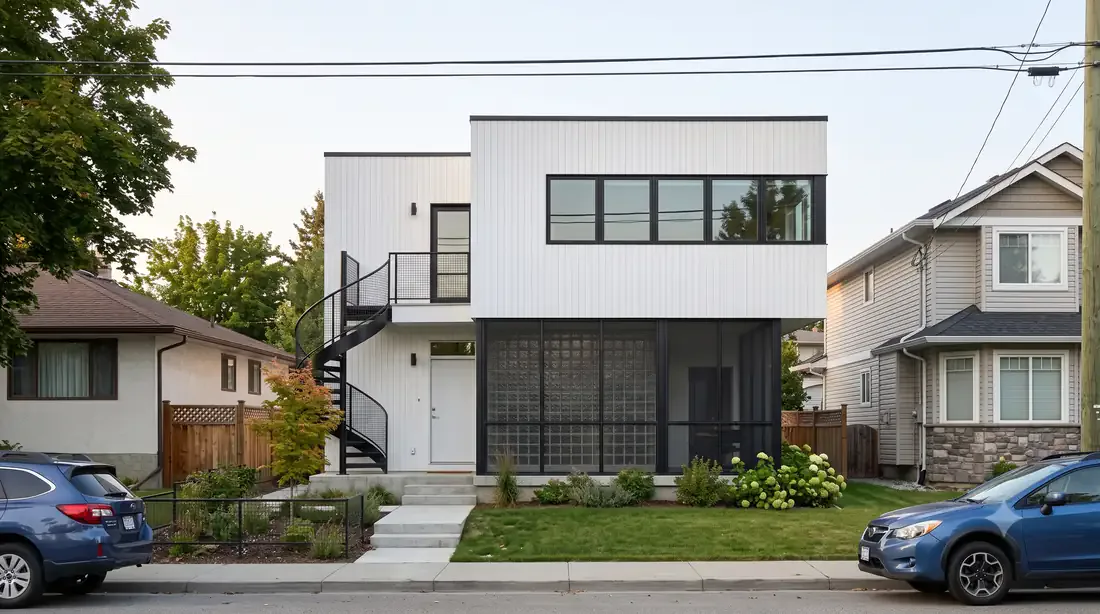 Gropius House — vertical white siding, glass-block screened porch, cantilevered bay, spiral stair