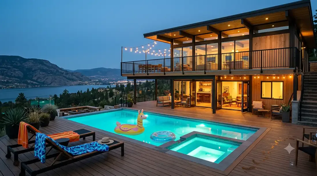 The 50-Footer — blue-hour rear pool view, walk-out lower level, real lake-view backdrop