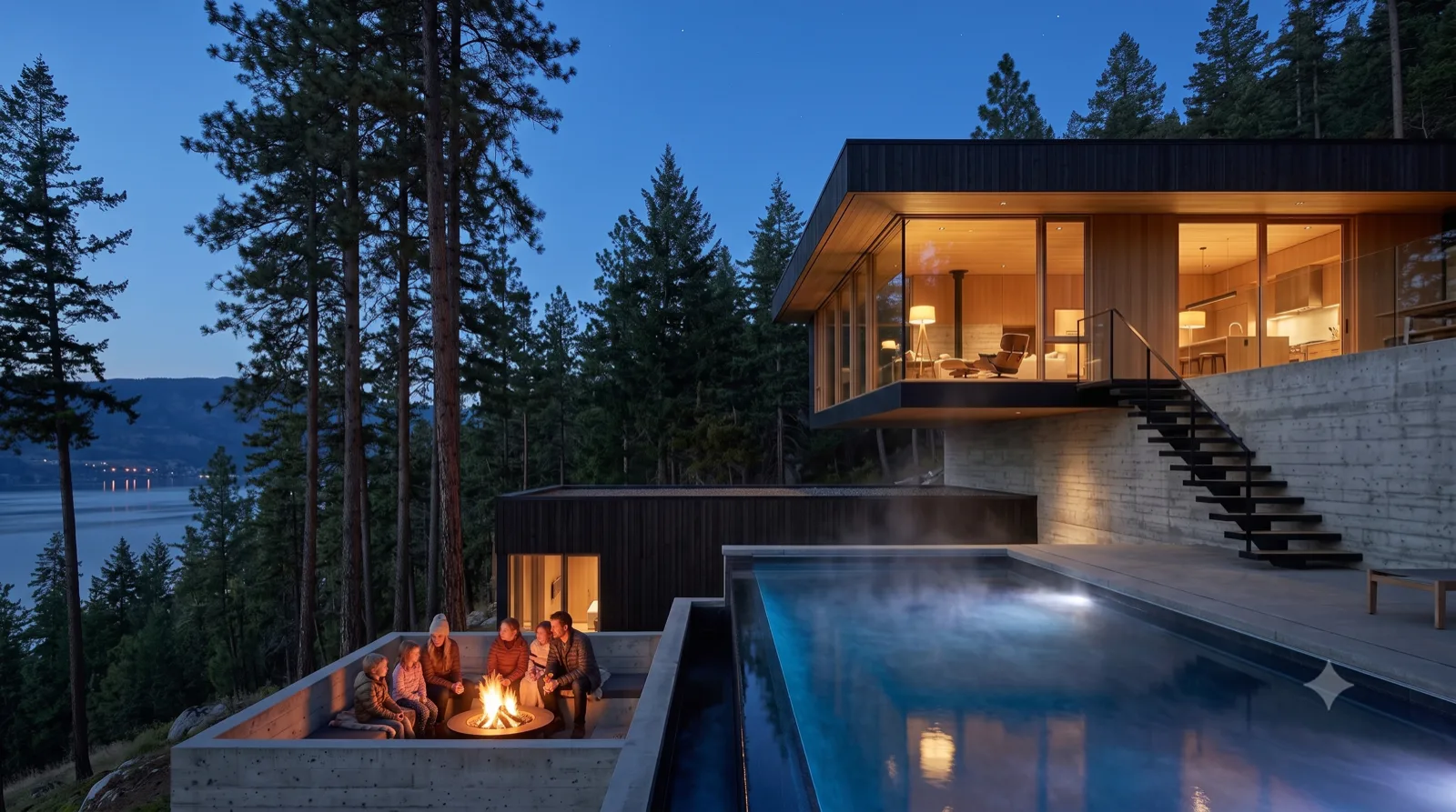 The Wilden Descent — stepped down the slope, black infinity pool at blue hour, sunken firepit, lake far below