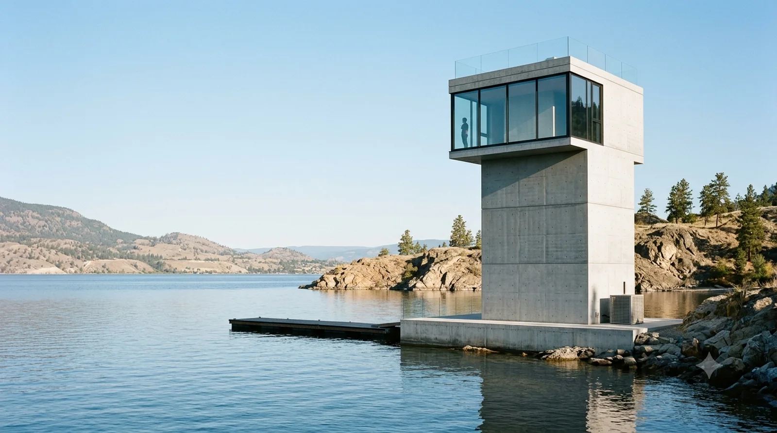 4x4 House — Ando, 2003: a four metre tower on the rock, its top cube shifted off axis to frame the lake.