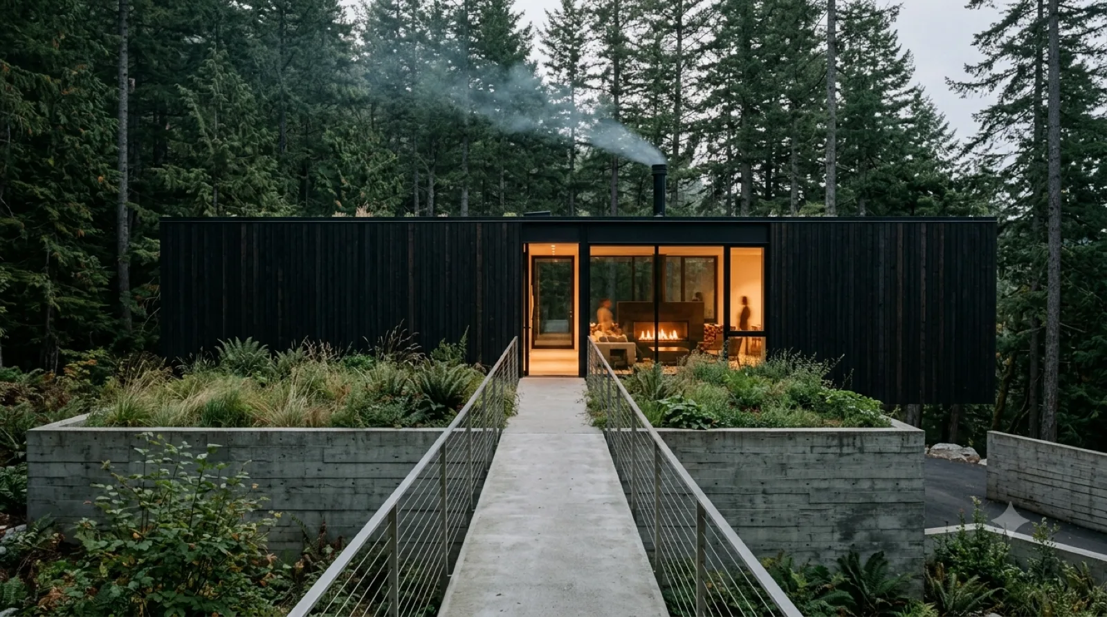 The Green-Roof Walk-Up — cable-railed walkway bridging to the glass entry, wild-grass roof, chimney smoke at dusk