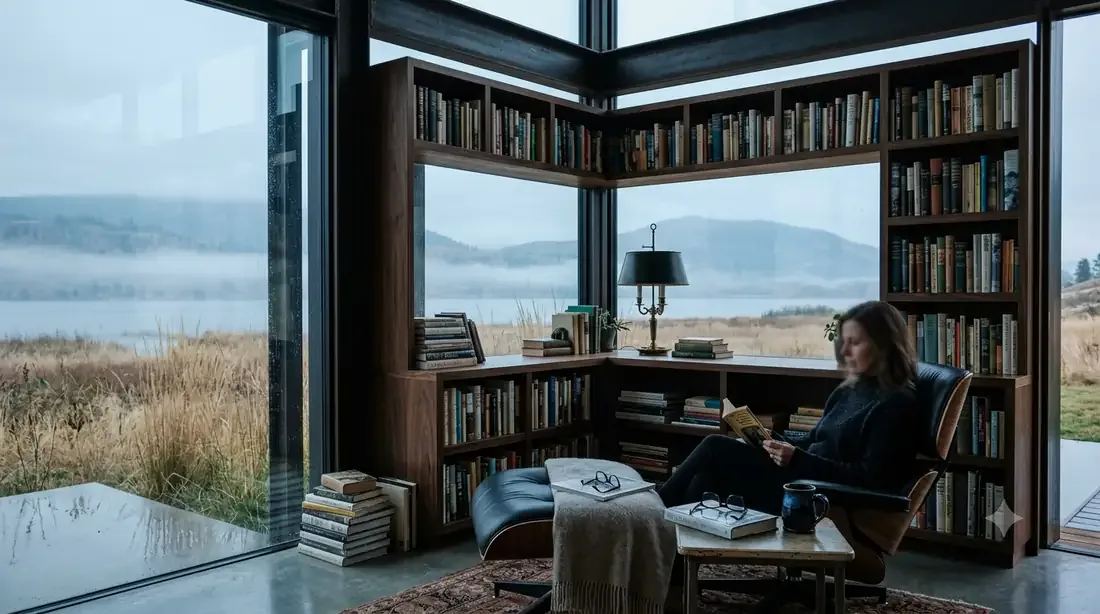 Farnsworth House — Study & library nook — misty marsh view