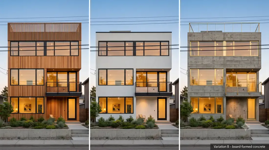 Neutra VDL, Material Study — same house, three ways — cedar / white stucco / board-formed concrete