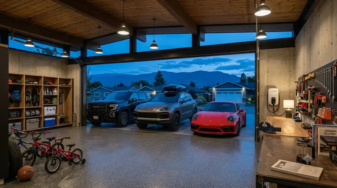 The Glenmore Butterfly — 3-car garage — interior, blue hour
