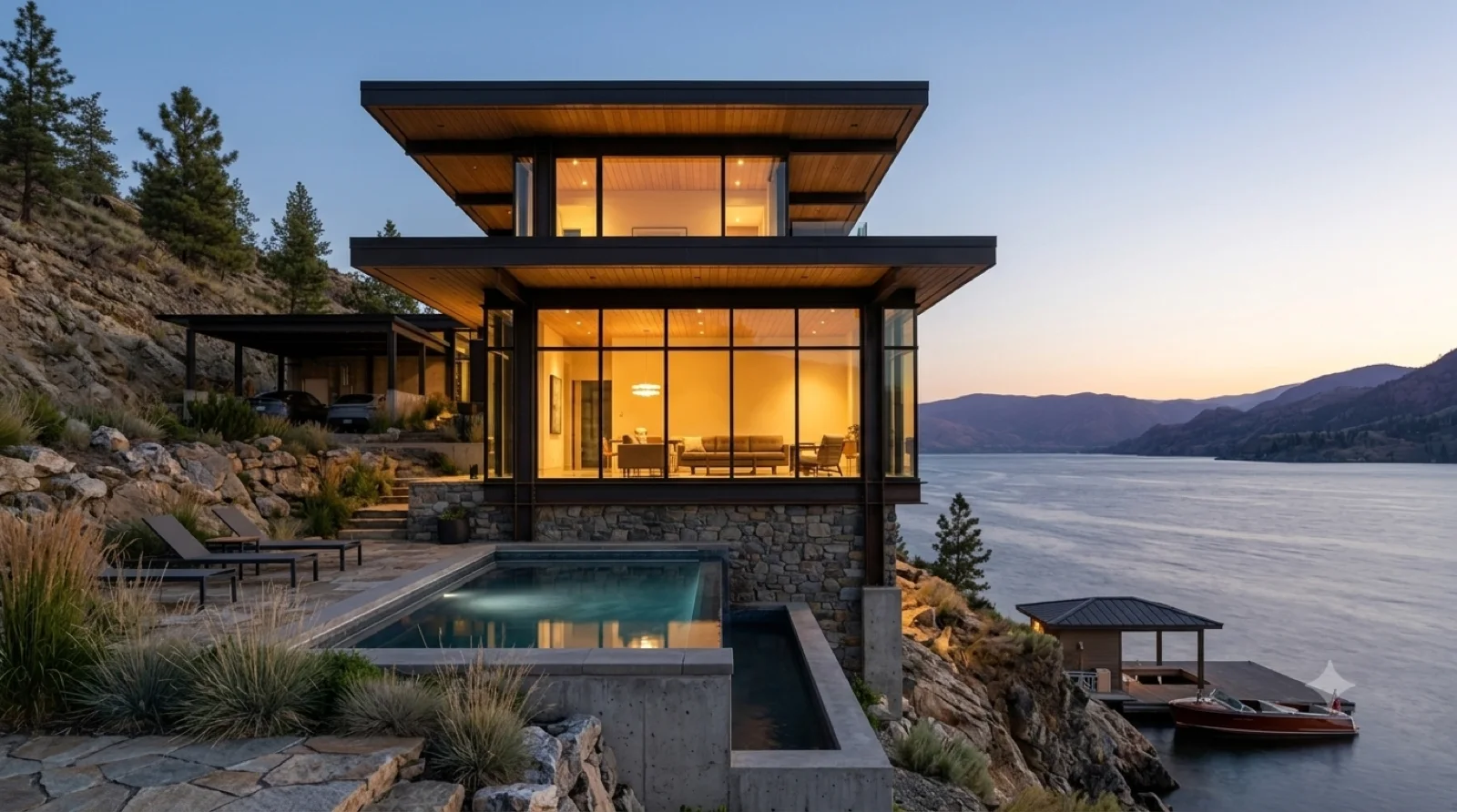 Pool at the edge, A lap pool run right to the drop, the water and the far shore filling everything beyond the coping.