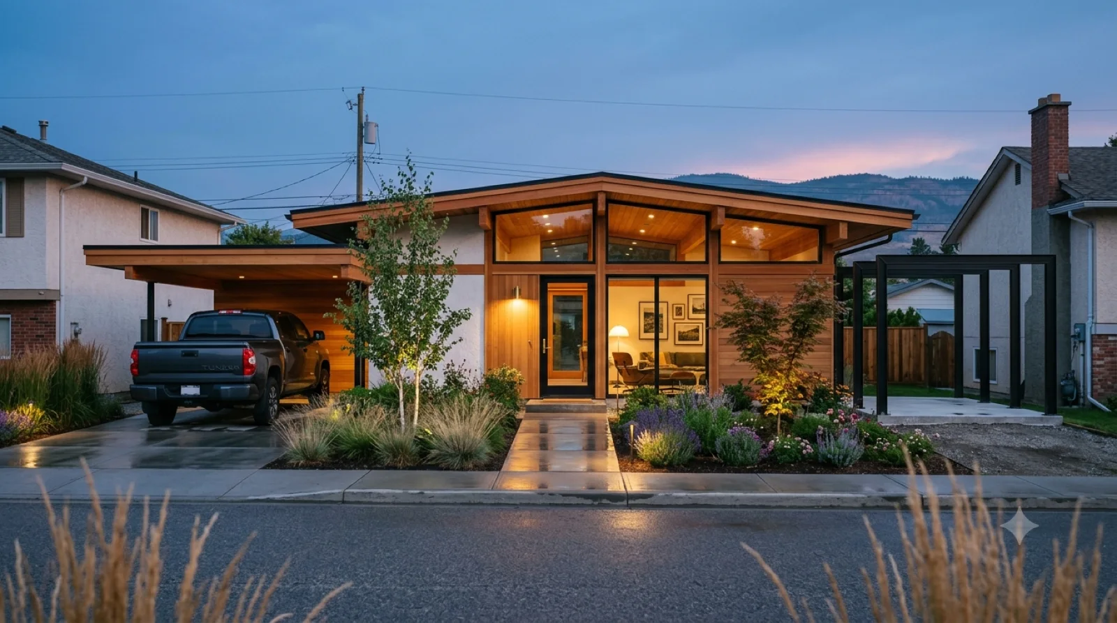 The Harris — a Harris-lineage redwood post-and-beam home with a low-pitched wide-eave roof and glowing redwood ceilings, warm cedar and white stucco, dropped onto a narrow 45-ft neighbourhood lot between the neighbours, a floating carport and a framed pad for the future wing — an attainable infill build, warm not a cold glass box